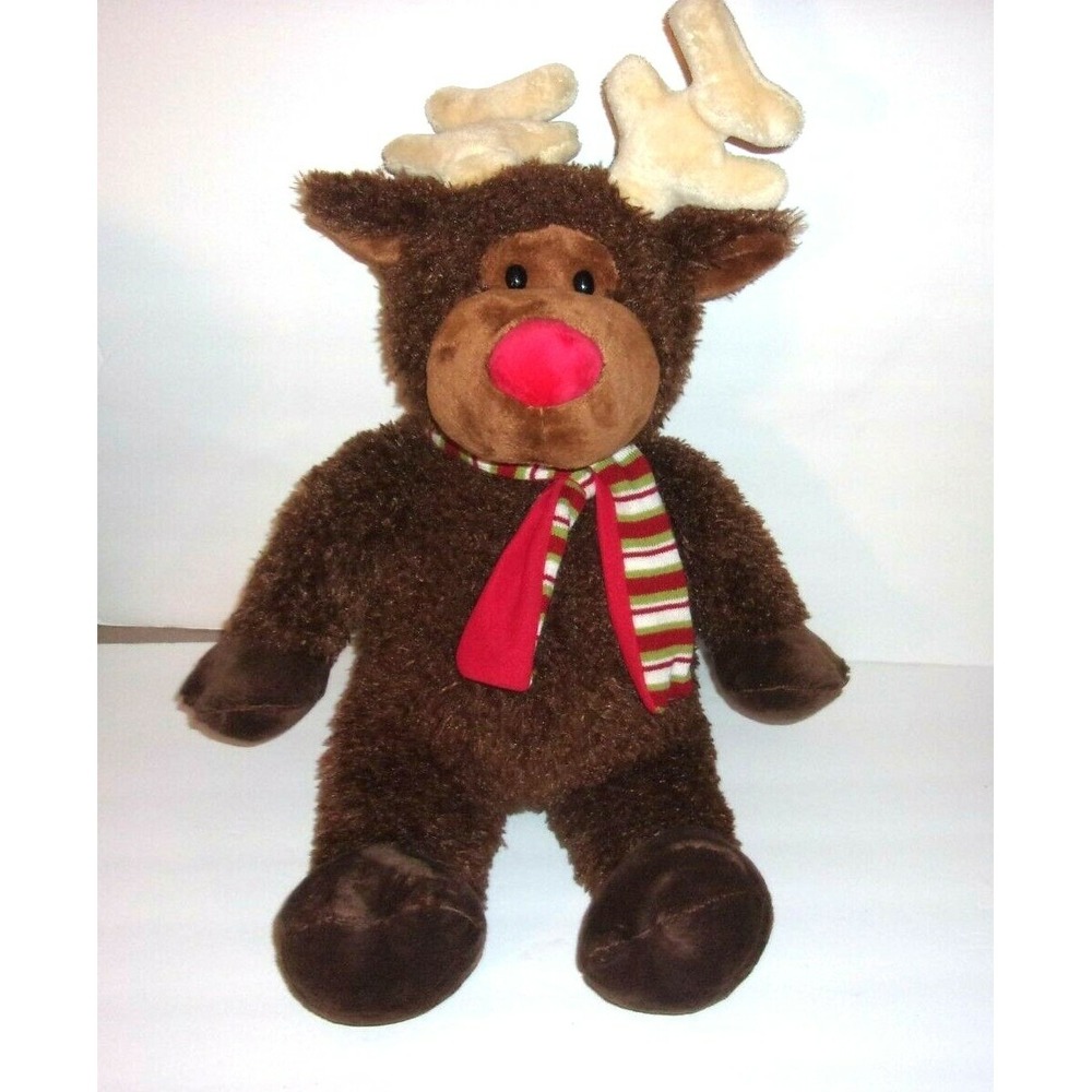 Manhattan Toy Large Plush Brown Reindeer Moose Red Nose Striped Scarf 25"